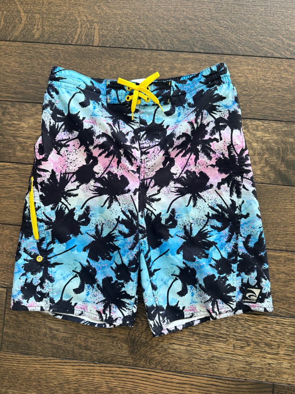 Kids Palm-Print Swim Trunks in Black, Blue & Pink with Yellow Drawcord